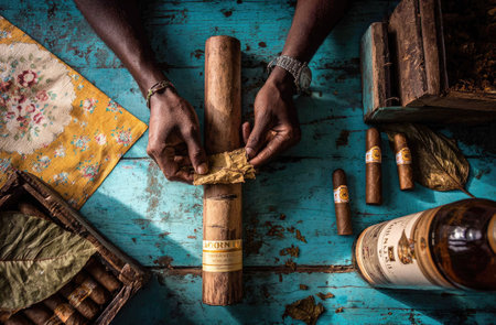 An overhead shot reveals a person carefully wrapping a cigar. The composition features a variety of related items, including cigars, a wooden box, and a bottle. The scene has strong overhead lighting. It is suitable for commercial uses, such as illustrating articles about tobacco, leisure, or craftsmanship.の素材