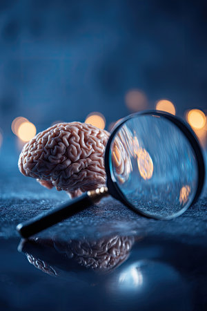 A close-up shot presents a brain model positioned near a magnifying glass. The scene is set in dim lighting, creating a reflective surface that doubles the image. The composition appears staged, ideal for concepts related to science, research, or understanding. This image could serve educational or illustrative purposes.の素材