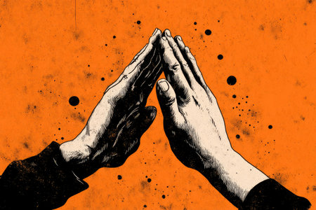 Two hands illustrated reaching upwards to touch at the fingertips, forming a triangular shape against an orange background. The image has a textured, grainy appearance with black splatters. The style appears graphic and bold. It could be used for various design projects or visual communication campaigns.の素材