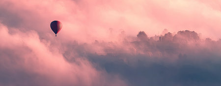 A hot air balloon ascends through a dense cloudscape bathed in pink and purple hues. The image features a vibrant color palette, evoking a sense of calm and freedom. Suitable for various applications, including travel, adventure, and conceptual design. The composition conveys a feeling of weightlessness.の素材