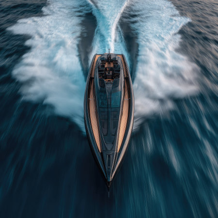 A sleek, dark motorboat cruises rapidly across deep blue water, leaving a frothy wake. The aerial perspective highlights the boat's streamlined design and the dynamic movement. The scene is illuminated by daylight, suggesting an outdoor environment. Suitable for a variety of commercial applications, including travel and watercraft themes.の素材