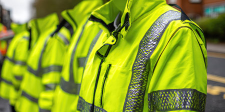 A close-up view displays a row of bright yellow safety jackets with reflective strips. The jackets feature a structured design and appear to be made of durable material. The lighting suggests an outdoor environment, possibly on a bright day. This image is suitable for various commercial uses related to workplace safety and protective gear.の素材