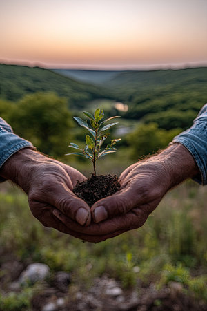 Two hands cradle a young plant with soil, set against a blurred landscape at dusk. The image features natural colors and soft lighting, emphasizing textures. The composition creates a visual metaphor for growth and nurture, suitable for environmental and conceptual projects.の素材