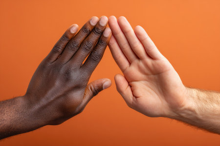Two hands, one dark-skinned and one light-skinned, meet in a gesture of connection against a solid orange backdrop. The image showcases close-up detail, emphasizing skin texture and shape. It suggests themes of partnership and human interaction suitable for various commercial projects and visual communication materials.の素材