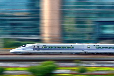 A streamlined, white high-speed train streaks across a blurred background, suggesting rapid motion. The train is captured against a backdrop of modern glass-walled buildings. The scene utilizes a shallow depth of field, implying an outdoor environment. This image could be used for transportation, technology, or travel-related purposes.の素材