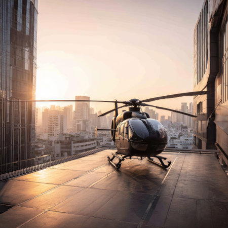 A helicopter rests on a high-rise rooftop, silhouetted against a setting sun. The image features modern architecture and a city skyline, with golden hour lighting creating a warm atmosphere. This composition could be used for commercial projects related to travel, aviation, or urban development.の素材