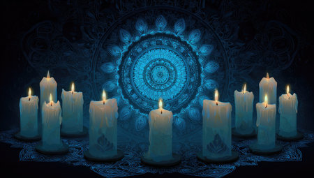 The image showcases lit candles arranged in front of a decorative mandala. The candles, with their soft glow, create a warm contrast against the dark backdrop. The composition is likely digitally created, with focus on the interplay of light and shadow, and could be utilized for various commercial and editorial purposes.の素材