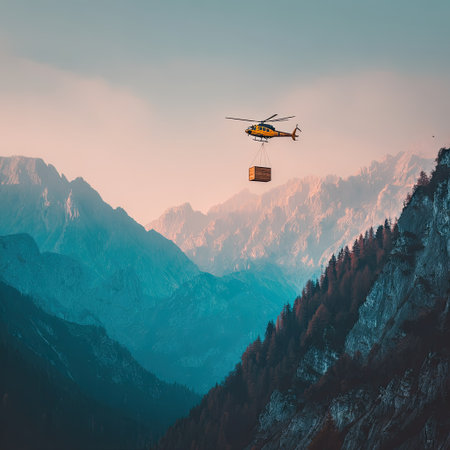 An aerial perspective captures a helicopter carrying a package above a majestic mountain landscape. The scene features the aircraft in flight against a backdrop of towering peaks, showcasing a contrast of yellows, greens, and blues under diffused lighting. The image suggests applications in logistics, delivery, and transportation concepts.の素材