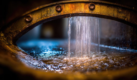 Close-up shows water cascading through a metallic structure, creating ripples. The image showcases textures, with a play of light and shadow, featuring warm and cool tones. It could be suitable for illustrating industrial processes or the movement of liquids, possibly in commercial and editorial contexts.の素材