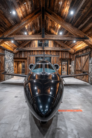 A sleek, black private jet rests within a spacious wooden hangar featuring exposed beams and stone elements. The interior boasts warm, natural tones from the wood paneling, complemented by the cool metallic sheen of the aircraft. The composition showcases symmetry and a sense of exclusivity, suitable for various editorial and commercial applications.の素材