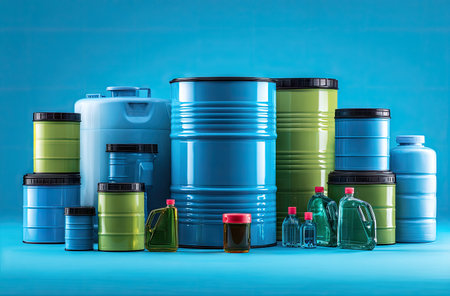 Various industrial storage containers and barrels, predominantly blue and green, are arranged against a simple blue backdrop. The image showcases a studio-style setup with even lighting, emphasizing the geometric shapes and textures. It is suitable for commercial uses, potentially related to manufacturing, logistics, or supply chain concepts.の素材