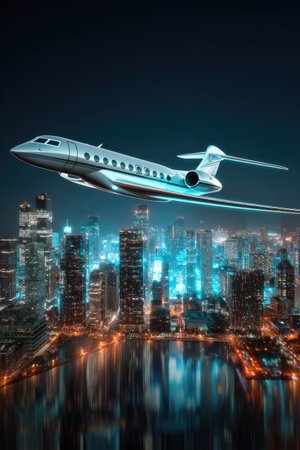 An aircraft flies above a cityscape at night. The image displays a sleek jet with its lights illuminating the dark sky. The scene is enhanced by colorful lights reflecting on a body of water below. This photograph is ideal for commercial use, showcasing travel and business themes.の素材