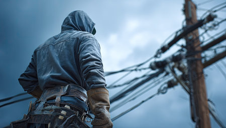A person in work attire stands observing power lines, captured from a low angle. The composition features a cloudy sky and the person's back to the viewer. The image uses a muted color palette with a focus on textures. It may be suitable for various commercial uses related to infrastructure and labor.の素材