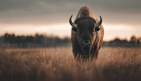 A large bison, the focal point, stands in a grassy field. The image showcases warm, muted tones with a shallow depth of field, emphasizing the animal. The composition highlights the bison's size. Suitable for use in editorial content or commercial projects.の素材