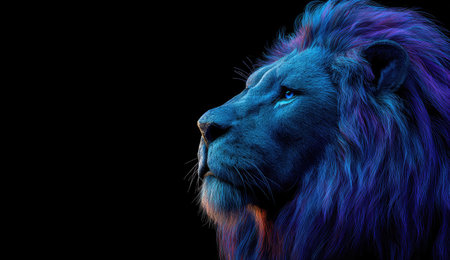 A close-up profile depicts a lion with a vibrant blue and purple mane. The image highlights the animal's features with soft lighting. Its contrasting colors create a striking visual impact suitable for various design projects. The composition and style may be suitable for advertising or editorial applications.の素材