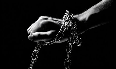 A close-up captures a hand clutching a chain, set against a dark backdrop. The grayscale image emphasizes the texture of the metal and the shape of the hand. The composition uses dramatic lighting, creating shadows that add depth. Suitable for illustrating concepts of restriction or challenges, it may find use in various commercial and editorial applications.の素材