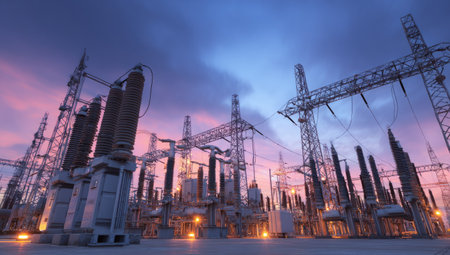 An industrial electrical substation complex is featured, set against a colorful dusk sky. Metallic structures, insulators, and transformers are visible. The composition employs a low-angle perspective, creating a dramatic visual impact. This imagery could be used in various commercial applications involving energy, technology, or industrial themes.の素材