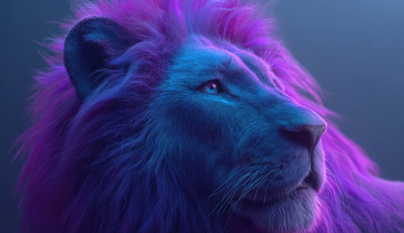 A close-up view depicts a lion with a vibrant, illuminated mane. The animal showcases a rich palette of blue and purple hues, with a soft focus. The composition emphasizes a dramatic effect and offers the potential for use in visual content production or artistic projects. The lighting and color are designed to capture attention.の素材