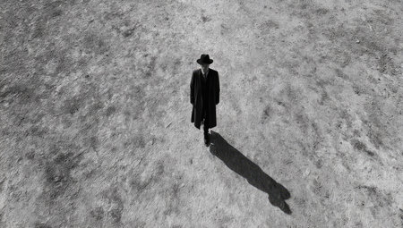 A man in a coat and hat walks across a monochromatic, textured surface. His long shadow stretches dramatically across the terrain. The image, in black and white, showcases strong contrast and an overhead perspective. It implies a sense of solitude within an expansive, possibly outdoor environment, suitable for various editorial and commercial applications.の素材