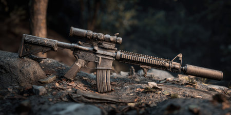 An assault rifle with attached scope is displayed, resting on a rough, rocky surface. The image features a muted color palette, highlighting details with textures and shadows. The outdoor setting suggests a forest environment. The photograph could be useful in various contexts, including editorial and commercial projects.の素材