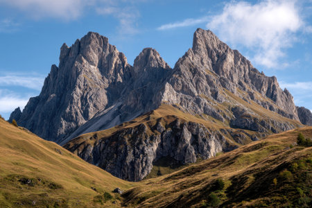 The image features a mountain range with jagged peaks set against a clear blue sky. The scene showcases natural elements with brown and green hills in the foreground. It employs natural lighting, suggesting outdoor context, suitable for visual content in travel or environmental themes.の素材