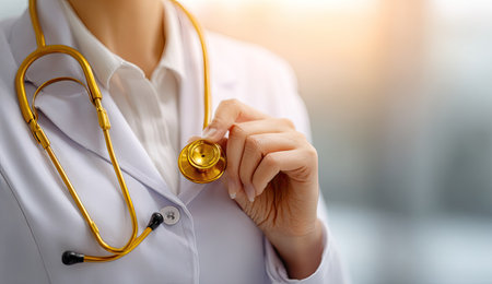 A close-up shot features a person in a white coat holding a gold stethoscope. The composition emphasizes the medical instrument. The image uses a shallow depth of field, with soft focus on the background. This visual could be used in healthcare-related advertising or editorial content.の素材