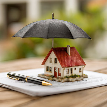 A miniature house sits beneath an open umbrella, placed over paperwork. The composition displays a focus on protection, with sunlight illuminating the objects. The scene uses warm colors and shallow depth of field, offering a visual metaphor suitable for various commercial uses.の素材