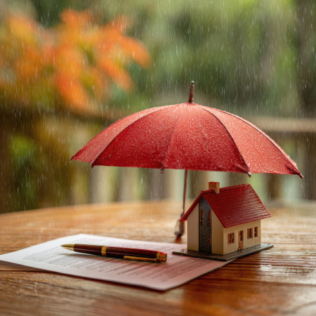 A small house model and a pen rest atop a contract, protected by a red umbrella. The scene shows a rainy day with soft focus. Colors include red, brown, and green with blurred leaves in the background. This image is suitable for illustrating concepts of insurance or protection.の素材