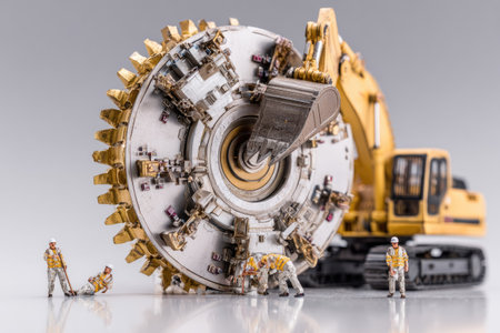 A close-up view presents a detailed miniature construction scene. It features a large piece of heavy machinery and several figurines representing construction workers. The composition uses a shallow depth of field, with soft lighting enhancing the textures of the machine. The image could be used for illustrations related to industry or engineering.の素材