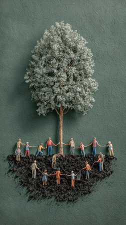 A miniature tree with lush green foliage stands prominently, encircled by a group of interconnected figures. The scene showcases a warm color palette with muted tones and a contrasting dark base. This symbolic composition is likely suitable for illustrations of unity, cooperation, or sustainability and may be useful in editorial and commercial projects.の素材