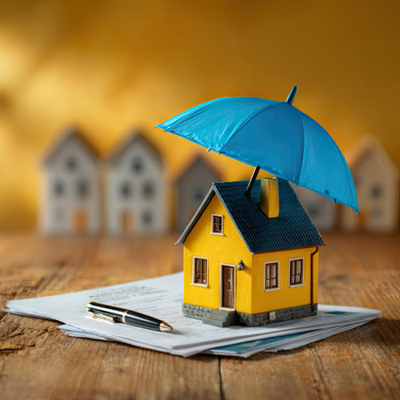 A small yellow house model is sheltered by a blue umbrella, placed on a stack of papers with a pen. The scene uses warm tones and shallow depth of field, with other house models blurred in the background. It is likely indoors, possibly suggesting home security or insurance concepts for commercial applications.の素材