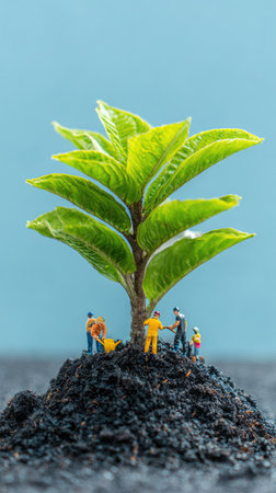 This image features a tree with vibrant green leaves, planted in dark soil. Miniature human figures are positioned around the base of the tree, creating a sense of scale. The composition is set against a soft, light blue background. This image could be used for illustrations about growth, environment, or teamwork.の素材