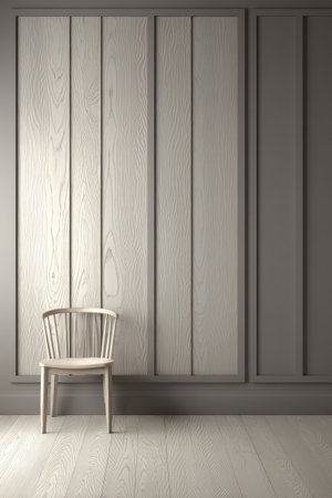 A solitary wooden chair stands before vertically paneled wall. The composition is clean, with neutral tones, highlighted by natural light. The chair's design and the wood's texture suggest a focus on craftsmanship and design. Suitable for architectural, interior design, and lifestyle projects.の素材
