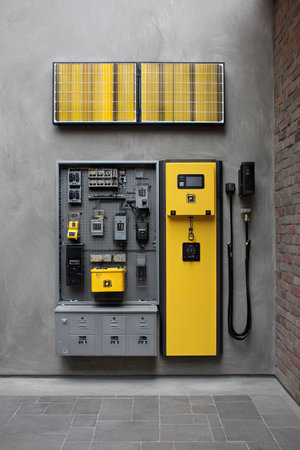An electrical panel is displayed against a concrete wall. The panel features a bright yellow casing and other components. It displays a variety of controls and connection points. The setting suggests an industrial or modern environment with a focus on functionality. Suitable for illustrations or informational materials.の素材