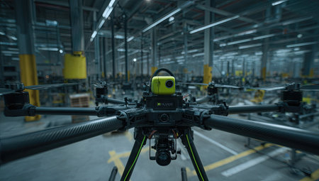 A drone is captured in an industrial environment, likely within a large warehouse or factory. The scene is characterized by a neutral color palette, featuring metallic elements, concrete, and overhead lighting. It suggests a technical or technological theme with potential applications for surveillance, data collection, or inspection.の素材