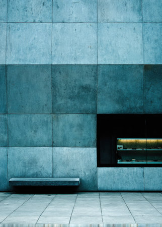 The image showcases a structured, textured wall of varying shades of blue. A minimalist bench sits at the wall's base, while a dark rectangular opening reveals an interior with a bright light source. The scene evokes a sense of urban design, possibly suited for architectural or design-related content.の素材