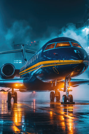 A close-up view presents a luxurious jet aircraft bathed in vibrant artificial lighting during a nighttime scene. The composition features rich blues and golds reflecting off the wet tarmac. This image could serve various commercial applications, including travel, business, or aviation-related promotions.の素材