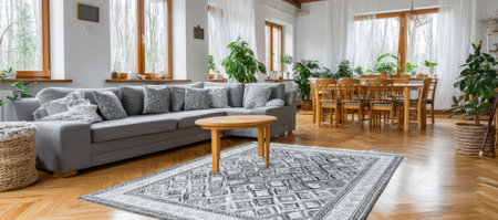 An interior shot reveals a living room with a large sofa, area rug, and wooden coffee table. Natural light streams through the windows. The room features wooden flooring and decorative plants. This image is suitable for use in architectural, lifestyle, or interior design projects, and advertising content.の素材