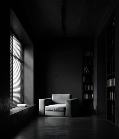 A grayscale interior features a solitary armchair situated near a window with blinds. The scene emphasizes a minimalist style with dark walls and floors, contrasted by the light from the window. Bookshelves and a book on the windowsill add detail. This image could be used for various commercial or editorial purposes.の素材