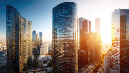 The image features towering skyscrapers with reflective glass facades. The buildings stand tall against a clear, sunny sky, creating a modern, urban scene. The composition highlights architectural design and the interplay of light and shadow, potentially suitable for business, real estate, or technology related publications.の素材