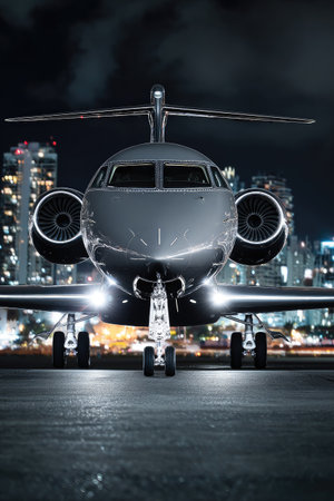 A sleek, private jet is positioned on a dark runway, illuminated by bright lights. The polished metal exterior reflects the surrounding environment. City lights twinkle in the distant background, hinting at an urban environment. This image could be used in various commercial applications related to travel, aviation, or luxury.の素材