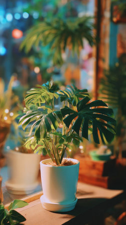 A close-up captures a potted Monstera plant featuring large, textured leaves. The plant sits against a blurred backdrop of additional foliage and ambient lighting. This image showcases a natural aesthetic, suitable for various editorial and commercial applications. The composition emphasizes the plant's form.の素材