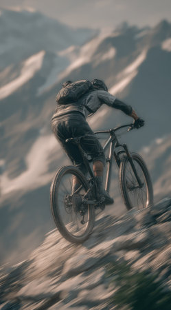 A mountain biker rides down a steep, rocky slope, with a vast mountain range in the background. The image displays natural colors, featuring a clear day with good lighting. This visual can be suitable for adventure, sports, and outdoor-related projects, as well as editorial content.の素材