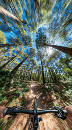 An eye-level perspective showcases mountain bike handlebars as the focal point, framed by tall green trees and a visible path. Sunlight filters through the canopy, creating strong contrasts between light and shadow. The composition highlights the sense of motion and the natural environment. Suitable for outdoor recreation, travel, or adventure-themed applications.の素材