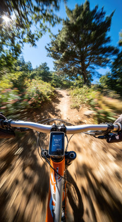 An action shot captures a mountain biker's point of view as they navigate a dirt trail. The scene is illuminated by bright sunlight, revealing a path winding through a vibrant forest. The image exhibits a dynamic composition with blurred motion, suggesting a fast-paced outdoor adventure. Suitable for various editorial and promotional purposes.の素材