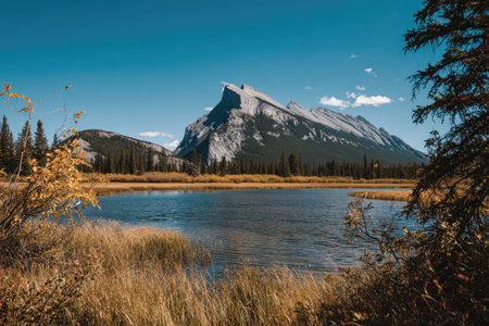 A scenic view displays a mountain range overlooking a calm lake, surrounded by trees and grasslands. The image showcases natural textures and a bright blue sky. This outdoor scene presents potential for various commercial applications, including travel and environmental content.の素材