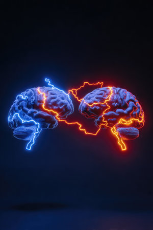 Two neon-lit brains are joined by electrical currents against a dark backdrop. The image utilizes vibrant blue and orange hues, highlighting the brains' intricate structures. The composition, likely computer-generated, is a striking representation. This image could be suitable for scientific, educational, or conceptual design purposes.の素材