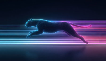 A dynamic silhouette of a leopard running is illuminated with neon lighting. The image features vibrant blues, purples, and pinks that create a sense of motion. The artwork presents a clean, modern aesthetic with a dark backdrop. Suitable for various design projects and digital advertising campaigns.の素材
