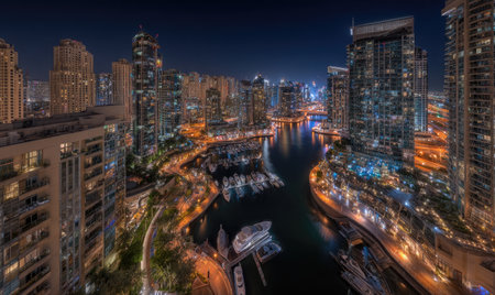 An overhead nighttime view showcases a modern cityscape illuminated with artificial lighting. Tall buildings line the waterfront, reflecting light onto the water surface. The composition uses symmetrical balance, with a variety of architectural styles, textures, and a dark sky, suitable for commercial or editorial applications.の素材