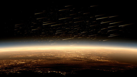 This image captures a nighttime view of Earth from space. The scene features a glowing atmosphere and streaks of light against a dark background, suggesting motion. The visual characteristics include warm colors from the illuminated atmosphere and cool tones from the deep space backdrop. This image may be suitable for editorial or commercial applications.の素材